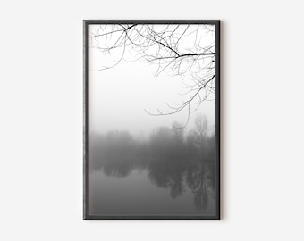 Impression de photographie de paysage brumeux : art mural noir et blanc minimaliste (téléchargement numérique)