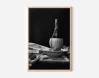 Black and White Italy Food Photo: Pizza, Pasta, Wine (Digital Download)