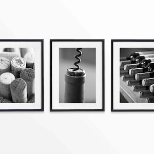 Gallery Wall Set of 3 Wine Photography, Downloadable Photo, Black and White Wine Prints, Dining Room Decor, Wine Lover Gift