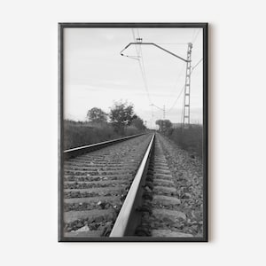 Black and  White Railway Wall Art, Railway Tracks Photo Print, Digital Download, Train Tracks Printable, BW Photography Decor