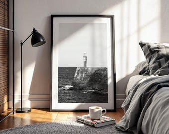 Coastal Nautical Wall Art: Lighthouse Photography Print, Black and White (Digital Download)