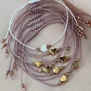 Armband | Herz | Wahlweise 24 K rosévergoldet oder Perlmutt | Bändchen Weiß, Rosé | Braut Junggesellinnenabschied Freundschaft Liebe Zart