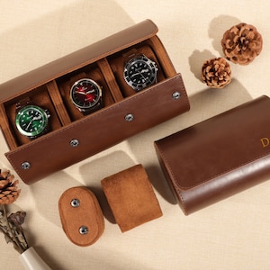 Custom Leather Watch Roll for Groomsman, Travel Watch Box, Luxury Leather Watch Case for 3 Watches, Gift For Him, Father&#39;s Day Gift