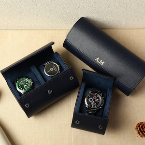 Personlize Navy Leather Watch Case for Him, Travel Watch Storage Box, Custom 3 Slot Leather Watch Case, Father&#39;s Day Gift, Bestman Gift