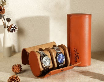 Étui à montre en cuir orange à personnaliser pour lui, boîte de rangement pour montre de voyage, étui à montre en cuir personnalisé à 3 emplacements, cadeau fête des pères, cadeau Bestman