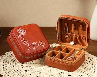 Estuche de viaje personalizado de piel para joyas, estuche para joyas con la flor de nacimiento para ella, regalo de cumpleaños personalizado, regalo para la despedida de soltera, regalo para mamá, Día de la Madre