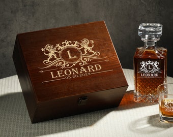 Benutzerdefinierte Whisky Dekanter Set mit Walnuss Holz Box für Ihn, Groomsmen Geschenk, Geschenk für Ehemann, Dad's Whisky personalisiertes Set, Geburtstagsgeschenk