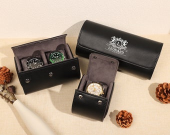 Étui à montre personnalisé en cuir noir, boîte de rangement pour montre de voyage, étui à montre en cuir personnalisé pour 3 montres, cadeau fête des pères, cadeau Bestman