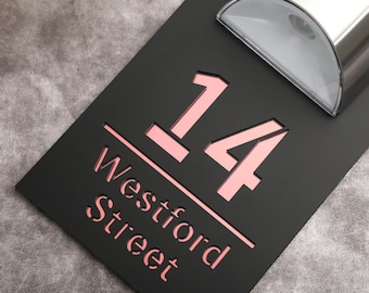 Personalized Solar Laser Door Number, House Number Sign, LED Lit Numbers, Black Mirror Acrylic house sign, Apartment number sign,Door Plaque