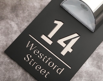 Black Mirror Acrylic House Sign, Personalized House Number Sign, LED Lit Numbers, Solar Laser Door Number, Apartment number sign,Door Plaque