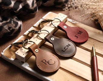 Custom Leather AirTag Case, Personalized AirTag Holder, Monogrammed AirTag Cover, Leather Keychain, Gift for Her, Office Gifts, Pet Airtag