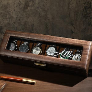 Personalised Brown PU Leather Watch Box for 6 10 slot Watches, Watch Storage, Husband's gift, Father's gift, Best Man Gift, Customized name image 3