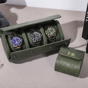 Personalizza la custodia per orologio in pelle verde retrò per lui, scatola porta orologi da viaggio, custodia per orologio in pelle PU personalizzata, regalo per la festa del papà, regalo Bestman