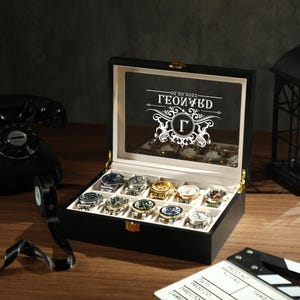 Aangepaste zwarte horlogekast, horlogedoos met naam, horlogedoos voor hem, gepersonaliseerd cadeau, grote opbergdoos, cadeau echtgenoot, vadercadeau, cadeaus