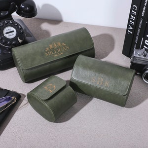 Personalizza la custodia per orologio in pelle verde retrò per lui, scatola porta orologi da viaggio, custodia per orologio in pelle PU incisa, regalo per la festa del papà, regalo Bestman