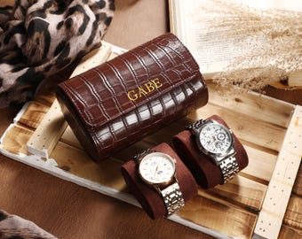 Custom Initial Watch Case, Personalized Brown Leather Watch Roll, Travel Watch Case, Gift For Him,Groomsmen Gifts, Gift For Dad,Watch Holder