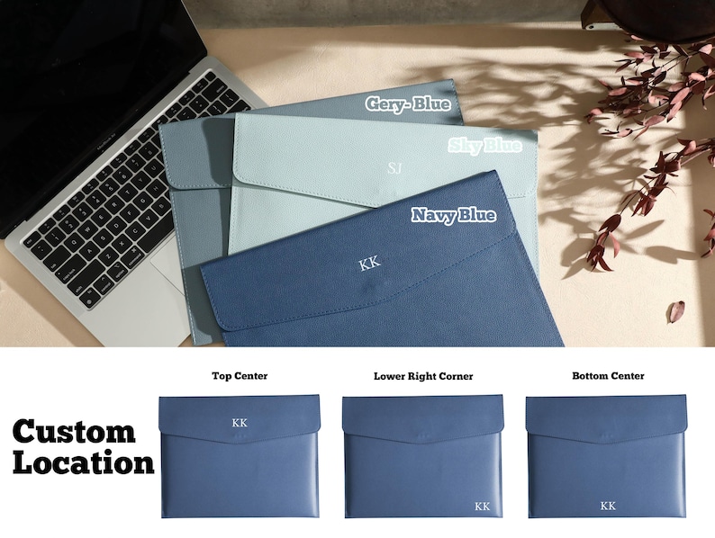 May include: A selection of personalised laptop sleeves in shades of blue, such as Gery-Blue, Sky Blue, and Navy Blue. Each sleeve has a flap closure and is embossed with initials. The phrase "Custom Location" is displayed.
