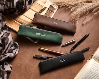 Handmade Pencil Holder, Personalized Leather Pencil Case, Pen Bag, Custom Pen Pouch with Zipper, Handwriting gift for her, Gifts for him