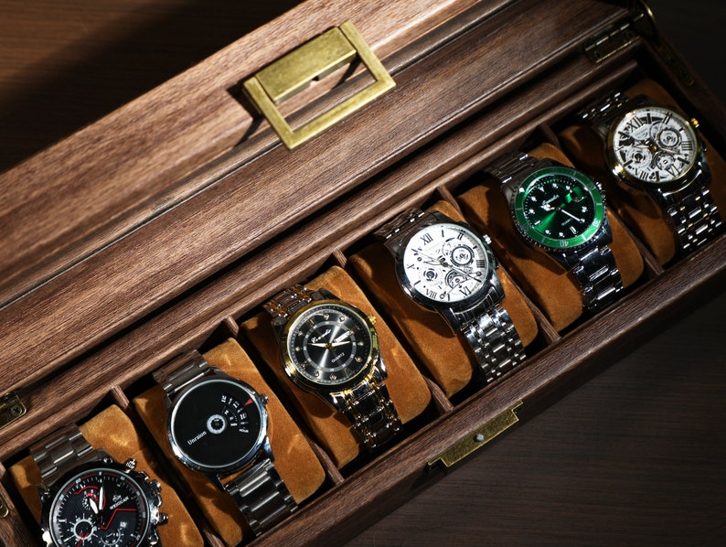 Boîte à montres personnalisée en cuir synthétique polyuréthane marron pour 6 montres à 10 fentes, rangement pour montres, cadeau pour mari, cadeau pour père, cadeau pour homme, prénom personnalisé image 8