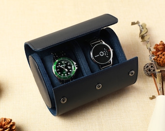 Personlize Étui de montre en cuir marine pour lui, boîte de rangement de montre de voyage, étui de montre en cuir personnalisé à 3 fentes, cadeau de la fête des Pères, cadeau Bestman