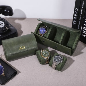 Personalizza la custodia per orologio in pelle verde retrò per lui, scatola porta orologi da viaggio, custodia per orologio in pelle PU personalizzata, regalo per la festa del papà, regalo Bestman