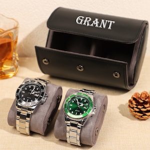 Personlized Black Leather Watch Case, Travel Watch Storage Box, Custom Leather Watch Case for 3 Watches, Father&#39;s Day Gift, Bestman Gift