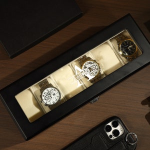 Gepersonaliseerde zwarte houten horlogedoos voor 6 horloges met 12 slots, horlogeopslag, cadeau echtgenoot, cadeau vader, cadeau getuige, aangepaste naam
