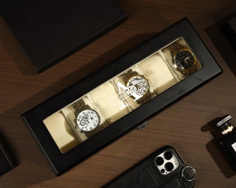 Boîte à montres personnalisée en bois noir pour 6 montres à 12 emplacements, rangement pour montres, cadeau pour mari, cadeau pour père, cadeau pour homme d'honneur, prénom personnalisé