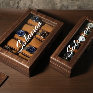 Personalised Brown PU Leather Watch Box for 6 10 slot Watches, Watch Storage, Husband's gift, Father's gift, Best Man Gift, Customized name image 2