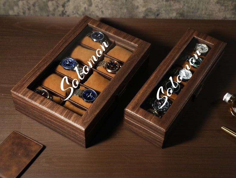 Boîte à montres personnalisée en cuir synthétique polyuréthane marron pour 6 montres à 10 fentes, rangement pour montres, cadeau pour mari, cadeau pour père, cadeau pour homme, prénom personnalisé image 2