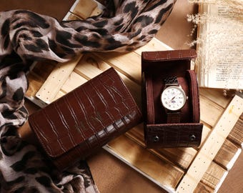 Personalized Luxury Brown Leather Watch Case, Watch Box Storage Holder, Watch Roll for 3 Watches, Groomsmen gift,Gift For Him,Birthday gifts