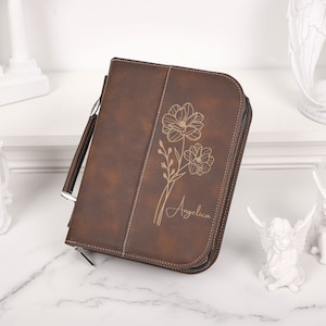 Custom Leather Bible Cover, Personalized Book Cover, Birth Flower Engraved Book Cover, Religious Gift, Custom Bible Case, Leather Book Cover