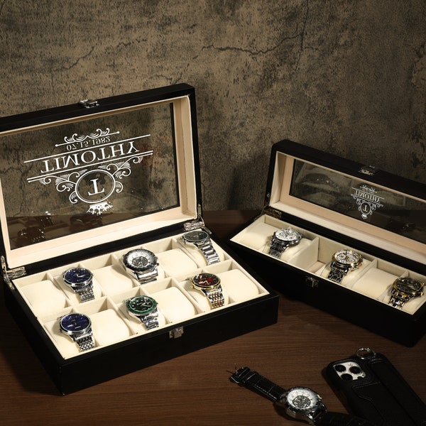 Boîte à montres personnalisée en bois noir pour 6 montres à 12 emplacements, rangement pour montres, cadeau pour mari, cadeau pour père, cadeau pour homme d'honneur, prénom personnalisé