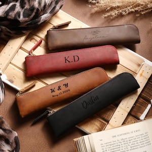 Personalized Leather Pen Pouch, Engraved Pencil Sleeve Holder, Pencil Bag, Leather Zip Pen Case, Gifts for Him, Diary Accessory, Stationery