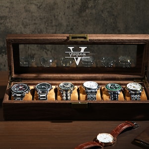 Boîte à montres personnalisée en cuir synthétique polyuréthane marron pour 6 montres à 10 fentes, rangement pour montres, cadeau pour mari, cadeau pour père, cadeau pour homme, prénom personnalisé image 1