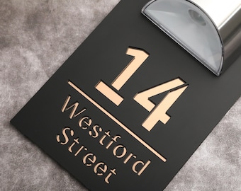 Personalized House Number Sign, LED Lit Numbers, Black Mirror Acrylic house sign, Solar Laser Door Number, Apartment number sign,Door Plaque