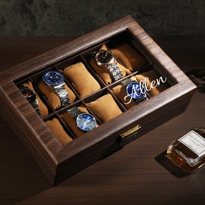 Boîte à montres personnalisée en cuir synthétique polyuréthane marron pour 6 montres à 10 fentes, rangement pour montres, cadeau pour mari, cadeau pour père, cadeau pour homme, prénom personnalisé image 6