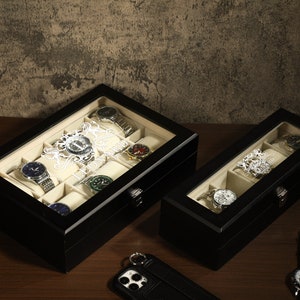 Gepersonaliseerde zwarte houten horlogedoos voor 6 horloges met 12 slots, horlogeopslag, cadeau echtgenoot, cadeau vader, cadeau getuige, aangepaste naam