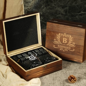Personalized Whiskey Box,Whiskey Glass Set, Father&#39;s Day Gift, Custom Barware Gift Set,Gift for Him, Custom Wooden Box, Engraved Whiskey Set
