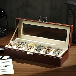 Gepersonaliseerde horlogedoos voor mannen, horloge-opbergkoffer, bruin leren horlogekast, reishorlogedoos, cadeaus bruidsjonkers, cadeau voor papa, cadeau voor hem