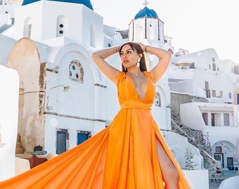 Long Flying Dress | Flying Dress for Photoshoot| Long Train Dress | Photoshoot Dress | Flowy Dress | Satin Dress | Santorini Flying Dress