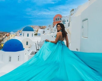 Halter Flying Dress | Halter neck Dress for Photoshoot| Long Train Dress | Flowy Dress | Satin Dress | Santorini Flying Dress