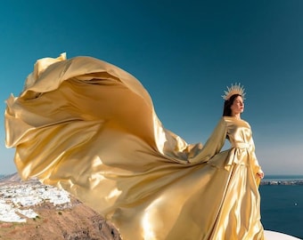 Long Flying Dress | Flying Dress for Photoshoot| Long Train Dress | Photoshoot Dress | Flowy Dress | Satin Dress | Santorini Flying Dress