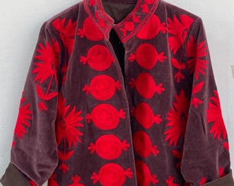 Velvet Suzani Red Embroidered Boho Coat | Handmade Uzbek Kimono Style Outwear | vintage-Inspired Festival Jacket | Ethical Bohemian Jacket
