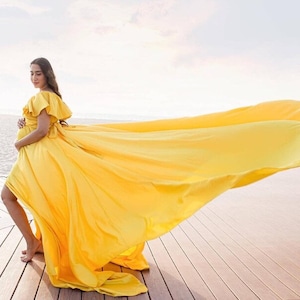 Flowy Long Train Photoshoot Dress |Off-Shoulder With Ruffles Long Train Satin Dress for Wedding | long Flying Satin Dress For Photoshoot