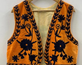 Chaleco Suzani con bordado de terciopelo naranja / Chaleco Suzani con estampado floral / Chaleco bohemio / Chaqueta corta Suzani de terciopelo / Chaleco bohemio