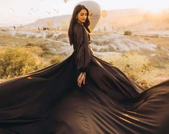 With Sleeves Long Flying Dress | Flying Dress for Photoshoot| Long Train Dress | Photoshoot Dress | Flowy Dress | Satin Dress |