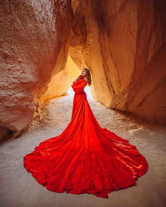 chinese dress ladies Orange Flying Dress - Satin Photoshoot Dress with Long Train | Lansy Maroon / Length 197 inch (5 M) main image 1