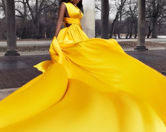 Long Train Satin Flying Dress | Photoshoot Gown