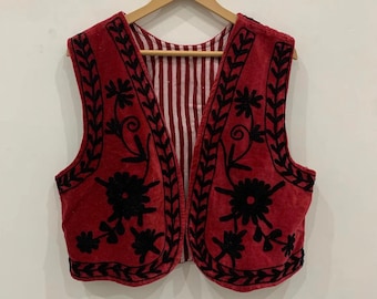 Röd sammets elegant sammetsväst | Lyxig bekväm sammets kort kavaj | Vintage kort cocktailjacka Suzani sammetskavaj | Kort väst